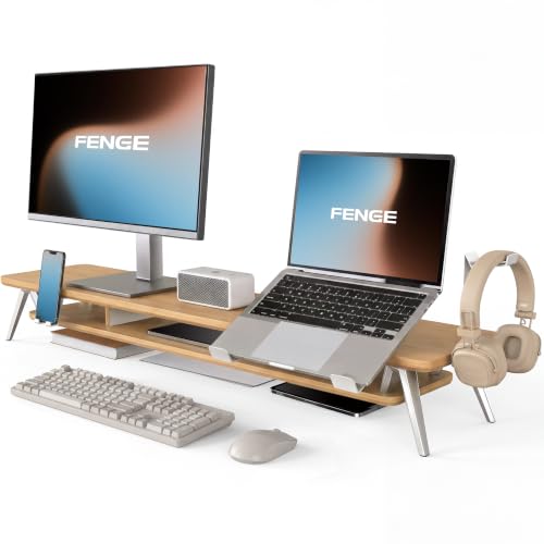 Fenge 42.5-Inch Monitor Stand Riser with Laptop, Phone & Headphone Holders | 10° Adjustable Laptop Holder, 2-Tier Storage, Dual Monitor or Monitor-Laptop Setup, Ideal for Multitasking, Gaming, Streaming - color: Dark Oak