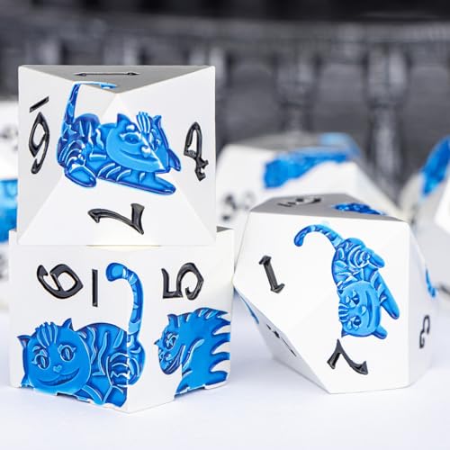 Metal DND Cat Dice 7PCS Polyhedral RPG Dice Set with Gift Case for Dungeons Dragons Role Playing Game, D and D Dice D6 D8 D10 D12 D20 D% (Silver Blue) - color: Cat-silver Blue