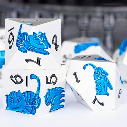 Metal DND Cat Dice 7PCS Polyhedral RPG Dice Set with Gift Case for Dungeons Dragons Role Playing Game, D and D Dice D6 D8 D10 D12 D20 D% (Silver Blue) - color: Cat-silver Blue