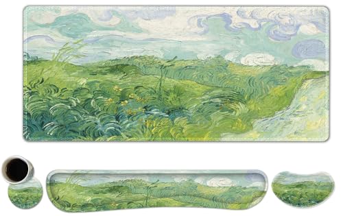ToLuLu Extended Gaming Mouse Pad, Memory Foam Keyboard Mouse Wrist Rest Set | Large Desk Mat with Stitched Edges, Non-Slip Base Ergonomic Support Mousepad for Home Office Game and Study, Green Theme - color: Green Theme