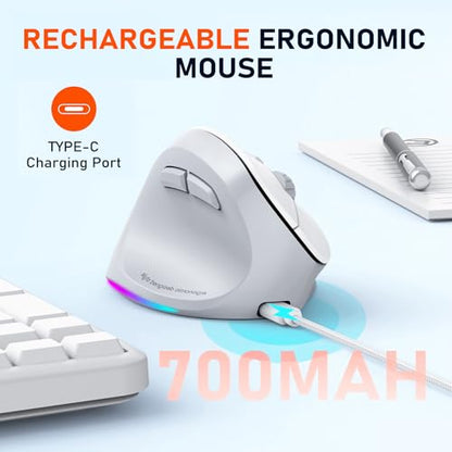 MEETION Left-Handed Wireless Ergonomic Vertical Mouse, Rechargeable - Gray | Dual Bluetooth 5.2/3.0 + USB, RGB lighting, 4 adjustable DPI, compatible with Windows, Mac, PC, iPad and tablets - color: Left Gray White