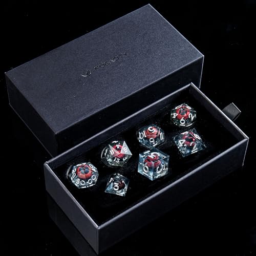 FugaCity Dice Set,Handmade Sharp Edge 7 Piece Resin Dice-Dungeon&Dragons Polyhedral Dice Set, D&D Dice Set with Gift Dice Case for RPG MTG Table Games - color: A-silver Red