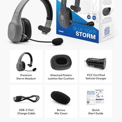 Blue Tiger Storm Gray - Premium Trucker Bluetooth Headset - Wireless Noise Canceling Mono Headset with Mic - High-Fidelity Sound, 30-Hour Talk Time, USB-C Charging - for Truck Drivers, Bluetooth 5.0 - color: Gray, style: Storm