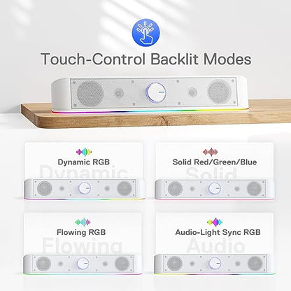 Redragon GS560 RGB Desktop Soundbar, Dynamic Lighting Bar with Audio Sync | 2.0 Stereo Enhanced Auido Quality, Touch-Control Backlit, Volume Knob, Plug & Play USB Powered Computer Speaker - color: White