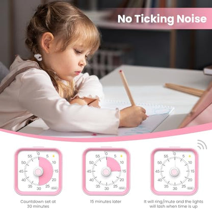 Visual Timer for Kids, Cute Timer with Pause Function, Pink | Time Management for Classroom, ADHD, Kitchen, Toddlers, Study, Alarm 3 Volume Levels, Light Indicator, Easy to Use - color: Pink