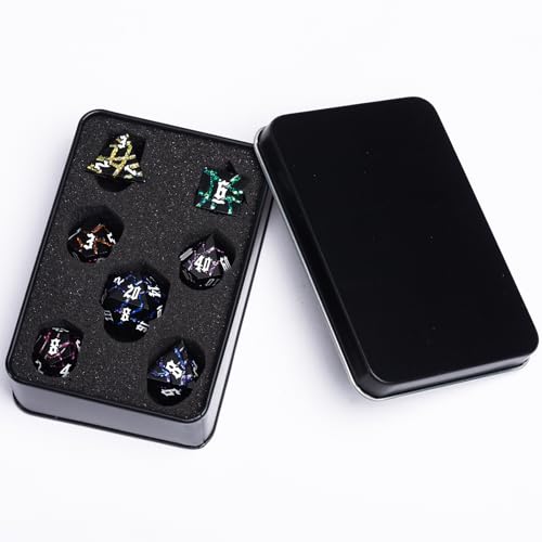 Cracked Rune Metal Dice Set for DND & RPG – Dark Fantasy Fractured Design, Premium Heavy Metal Polyhedral Dice with Deep Engraved Numbers, 7-Piece Set – Arcane Spectrum Vein - color: Matte Black 7 Colors
