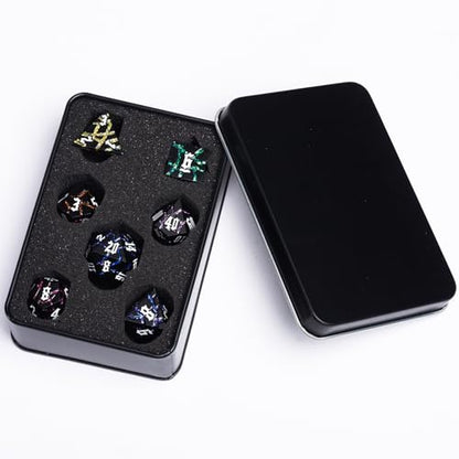 Cracked Rune Metal Dice Set for DND & RPG – Dark Fantasy Fractured Design, Premium Heavy Metal Polyhedral Dice with Deep Engraved Numbers, 7-Piece Set – Arcane Spectrum Vein - color: Matte Black 7 Colors