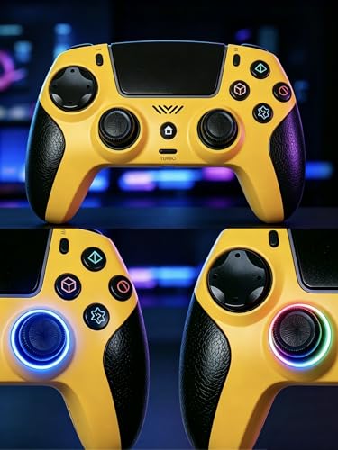 ThinTree Wireless Controller Compatible for PS-5/Pro/Slim/PC, Gradient Color RGB mode/haptic feedback/1000 mAH battery/Motion Sensing/3.5mm Audio Jack (Yellow) - color: Yellow