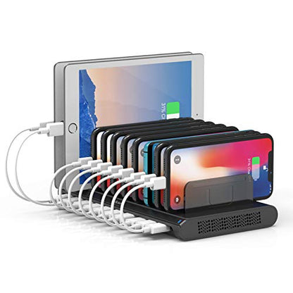 Alxum 10 Port USB Charging Station, 60W Mobile Charging Station with Multi-Port USB Fast Charger Stand for Mobile Phone, Tablet and More,Black - size: 60W (10 Ports)