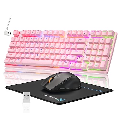Wireless Mechanical Keyboard and Mouse Combo, 98-Key Gaming Keyboard with RGB Backlit, Tri-Mode BT5.0/2.4G/USB-C, 4000mAh Battery, 3200 DPI Gaming Mouse with Mouse Pad for PC, Laptop (Pink -Light) - color: Pink -light