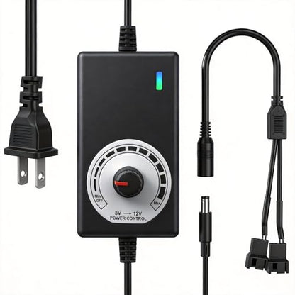 Delinx 12V PC Fan Speed Controller, AC Plug with 2X 4-Pin Splitter Cable | 24W Power Adapter, Compatible 2/3/4-Pin, Case Cooling Project for PC Server Cabinet DVR TV Router Receiver Xbox Greenhouse
