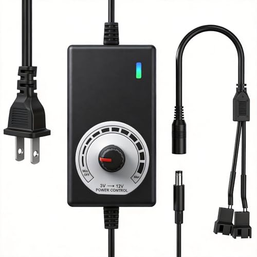 Delinx 12V PC Fan Speed Controller, AC Plug with 2X 4-Pin Splitter Cable | 24W Power Adapter, Compatible 2/3/4-Pin, Case Cooling Project for PC Server Cabinet DVR TV Router Receiver Xbox Greenhouse