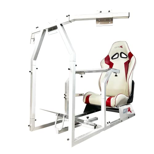 GTR Simulator GTA-F Model White Frame Triple Monitor Stand with White Adjustable Seat - color: White, White Red