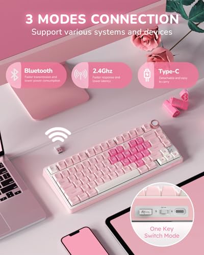 RK ROYAL KLUDGE R75 Wireless Mechanical Keyboard, 75% Percent Custom Gaming Keyboard Gasket Mount RGB Backlit with Knob & PBT Keycaps, BT5.1/2.4GHz/USB-C, Hot Swappable Cream Switch - color: pink