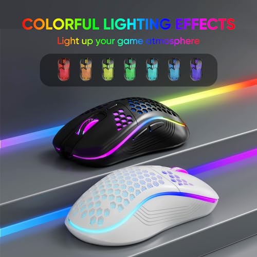 MELOGAGA Wireless Gaming Mouse RGB Rechargeable Lightweight Honeycomb Black | 7-Color LED Light, 4 DPI Levels, USB-C Recharge & Stable 2.4G Wireless for PC Mac Laptop Desktop Computers - color: Black