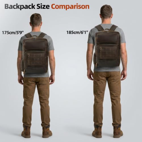 Full Grain Leather Backpack for Men, 17" Laptop Travel Rucksack, Brown | Premium Cowhide Leather, YKK Zippers, Business Trip, 32L, Ergonomic S-Straps, Water Bottle Pocket