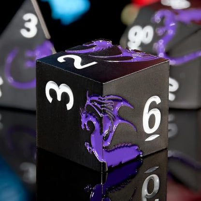 Metal Dice Set,7-Piece Dragon DND Dice for TTRPG,Black Purple | Dragon-Engraved Design,Heavy Zinc Alloy, Easy-to-Read Numbers,Magnetic Gift Box for DND Players,Gamers&Collectors - color: Black With Purple