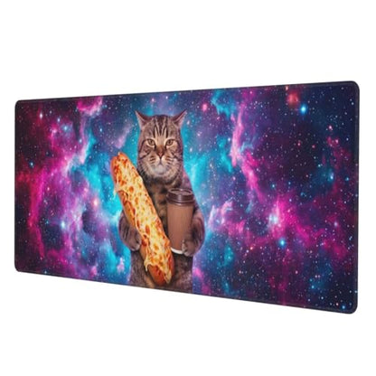 Funny Space Cat Large Mouse Pad, XL Extended Gaming Mousepad (31.5 x 11.8 in), Non-Slip Rubber Base Desk Mat with Stitched Edges for Office & Gaming, Pizza & Coffee Design - color: 22