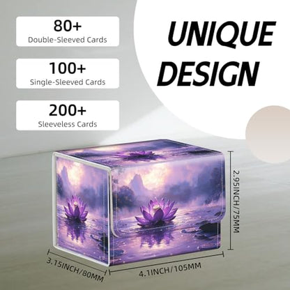 Trading Card Storage Box, Holds 100+ for MTG Cards, PU Leather with Magnetic Closure, Purple Lotus Flower in Misty Lake Durable Deck Box for Magic the Gathering, Trading Card Games - color: Purple Lotus Flower in Misty Lake