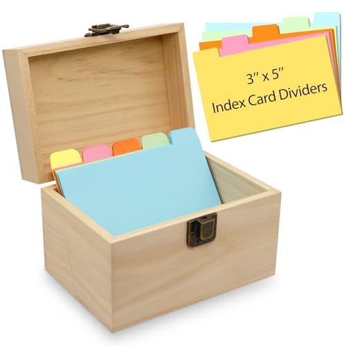 DSYIL Index Card Holder, Wooden Index Card Box, 3 x 5 Flash Cards Holder with 50 Dividers, Recipe Cards Case for Organizing 3 x 5 inches Business Cards and Study Note Cards