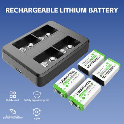 9V 450mAh Li-ion Rechargeable 4-Pack with 4-Slot Charger | 4-Slot Smart Charger, Independent Charging, MCU Protection, for Mics/Multimeters/Alarms, 1200 Cycles