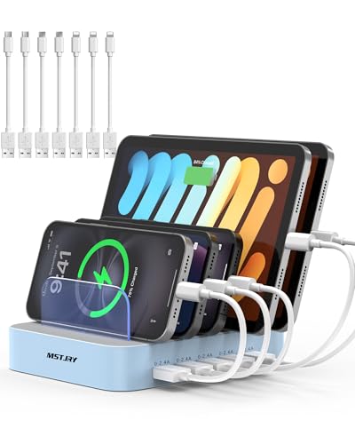 MSTJRY Charging Station for Multiple Devices : 5 Port Multi USB-A Charger Stations Multi-Device Organizer Charging Dock Designed for iPhone iPad Cell Phone Tablets (7 Short Cables Included), Blue - color: blue
