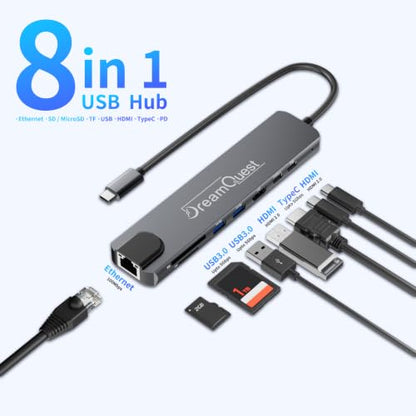 DreamQuest USB C Hub 8-in-1 with 4K@60Hz HDMI, max 100W PD, USB 3.0/2.0, SD/TF Card Reader,100Mbps LAN Port– Compatible with Desktops, Laptops, Xbox, Flash Drives, Consoles, Printers