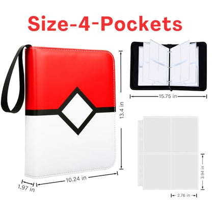 Card Binder with 4 Pockets with Zipper for 50 Pages, 400 Removable Pocket PU Waterproof Trading Collection Binder, 3 Rings Zipper Portable Card Album for MTG TCG Sports Cards Game Cards as Gift, Red