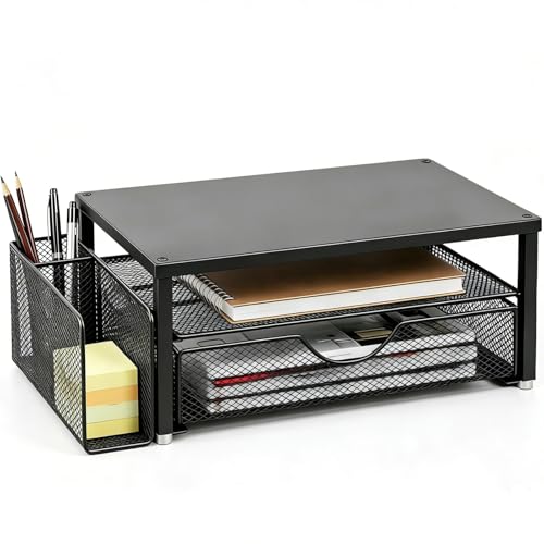 Spacrea Monitor Stand with Drawer and Pen Holder | Monitor Riser Desk Organization Desk Organizer and Accessories (Black) - color: Black - Metal Drawer