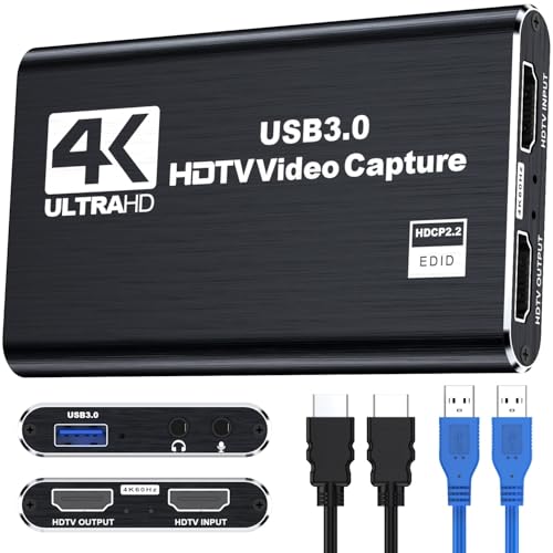 4K HDTV Capture Card for Streaming, Audio Video Capture Card with Microphone 4K HDTV Loop-Out, 1080P 60fps Video Recorder for Gaming/Live Streaming/Video Conference, (Black) - color: BLACK