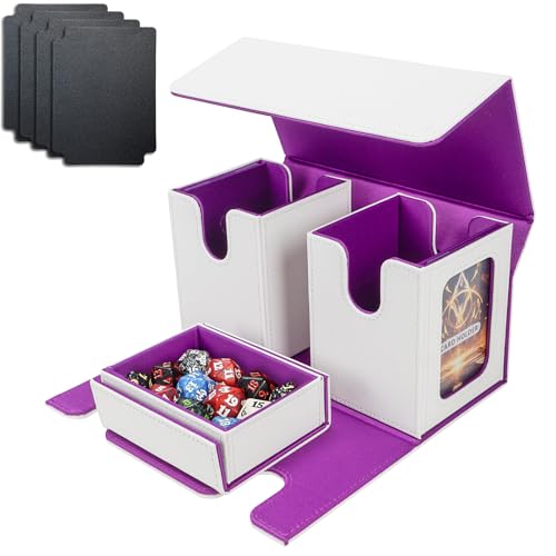 AFIING MTG Commander Card Storage Box - Fits 200 Double Sleeved Cards,3-in-1Card Deck Case,Mtg deck Card Organizer For Commander TCG CCG,4Dividers &2 Toploaders, Whtie/Purple - color: White Purple
