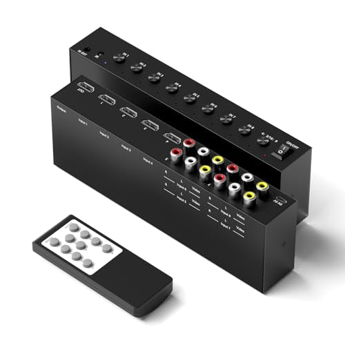 Y.D.F 4 Way HDMI 2.0 Switcher + 4 RCA to HDMI Converter(2 in 1) 4 Way AV Composite CVBS Switch to HDMI Adapter Support 4:3/16:9 Switching for N64 NGC Wii Xbox PS2/3/4/5 Xbox Series/ONE Switch