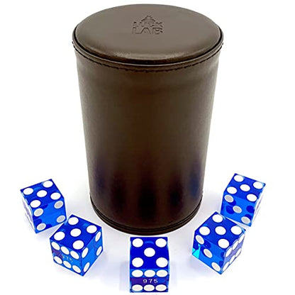 Luck Lab Black Leather Dice Stacking Cup with 5 Serialized Razor Edge 19 mm Casino Dice - Pro Straight Cup for Stacking and Magic Tricks (Blue Dice) - color: Blue Dice