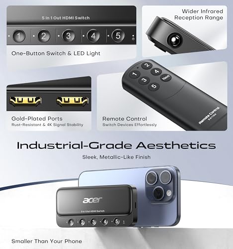 acer 5 in 1 Out HDMI Switch 4K@60Hz HDMI 2.0 with Remote for PS5 Xbox TV | Low-Latency 4K Signal Switching, Supports HDR, HDCP 2.3, DTS & Dolby ATMOS, work for PS5, Xbox, Switch, TV Stick, Projector