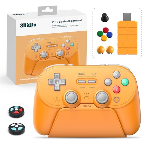 8Bitdo Pro 3 Bluetooth Controller with TMR Joysticks (Orange) | Swappable ABXY Buttons, Pro Back Buttons, Hall Triggers, Charging Dock, for Switch/Switch 2, Windows, Apple, SteamOS, Android - color: Orange, size: Pro 3