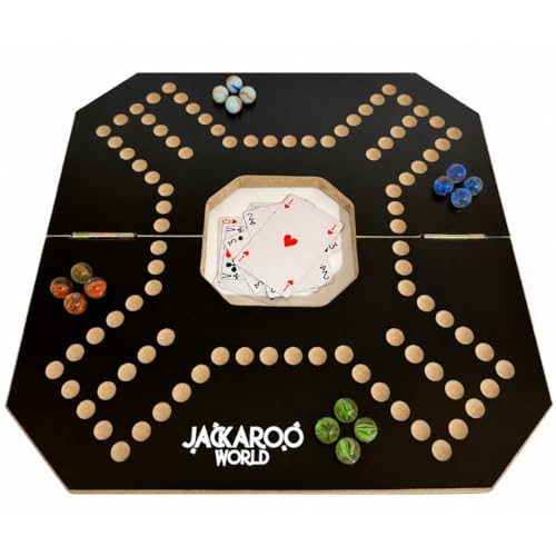 Jackaroo Board Game, 2-4 Player Jokers and Marbles Board Game, Solid Wooden Game with 16 Glass Marbles and 52 Cards, Marble Chase Game, Card and Marble Game, Foldable Board with Carry Bag (Black) - color: Black