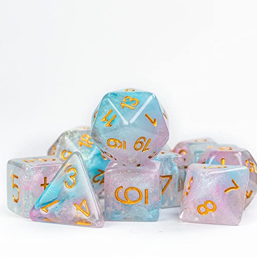 UDIXI 11-Pieces DND Dice Set D&D Polyhedral Dice Iridecent Swirls for RPG | Pink & Cyan Colors, Gold Number, Velvet Dice Bag Packaging, for Dungeons and Dragons Role Playing Games and Tabletop Games - color: 11 Piece Pink Cyan Glitter Dice