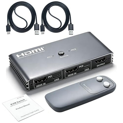 HDMI KVM Switch 4K@60Hz USB 2.0 KVM Switcher with IR Remote Control 2 HDMI Ports 4 USB 2.0 Ports 2-in-1 PC Switcher for Home Office Gaming