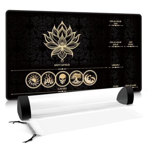 MTG Playmat with Zones – Lotus Sketch Gold 24x14 Card Game Mat for Magic The Gathering, Stitched Edge, Non-Slip Rubber Base with Prismatic Playmat Tube – Lotus Gold Zone - color: Lotus Gold Zone