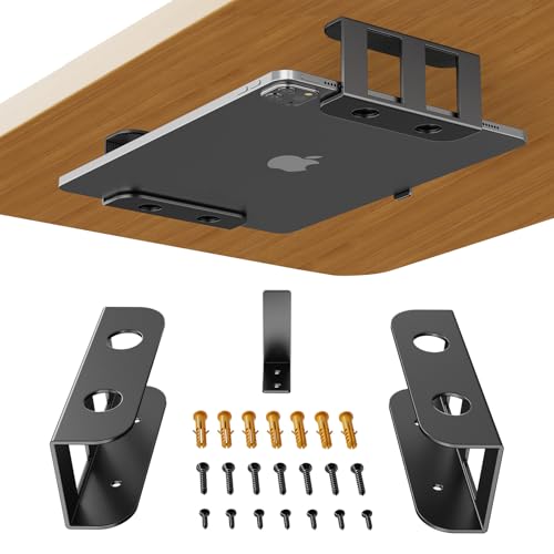 BYMECOST Under Desk Laptop Mount, Metal Under Desk Storage Holder, Black | for Devices Up to 2.1" Thick, MacBook, Mini, Keyboard, Router, with Anti-Scratch Silicone - color: Black, size: 2.1" without hook