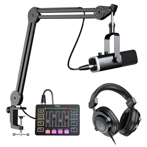 FIFINE XLR/USB Microphone Set with Gaming Audio Mixer, Metal Sturdy Mic Arm Stand, Over-Ear Wired Headphone for Streaming, Podcast, Recording