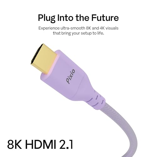 Pixio Purple 8K HDMI 2.1 Cable Ultra Certified Ultra High Speed 6FT 8K 60Hz 4K 120Hz Nylon Braided, Gold Plated Connector, Anti-Breakage, HDR10+, dtsx, eARC, HDCP, Dolby Compatible - color: Purple, size: 6 ft