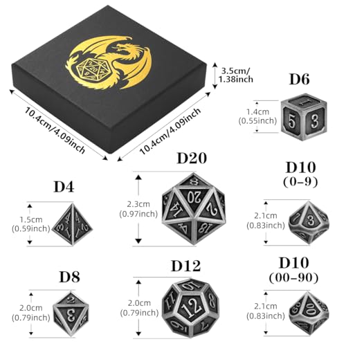 Metal Dice Set, 7pcs Polyhedral Metal DND Dice Set, DND Starter Set, D&D Gifts with Gift Box, Role Playing Board Games Accessories, Silver - color: Silver + Gift Box