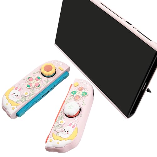 Protective Case for Nintendo Switch 2, Hard Back Shell + 2 Silicone Anti-Slip Controller Covers + 2 Joystick Caps, Rabbit and Flower Cover, Pink - color: Pink