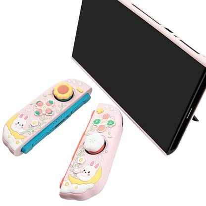 Protective Case for Nintendo Switch 2, Hard Back Shell + 2 Silicone Anti-Slip Controller Covers + 2 Joystick Caps, Rabbit and Flower Cover, Pink - color: Pink