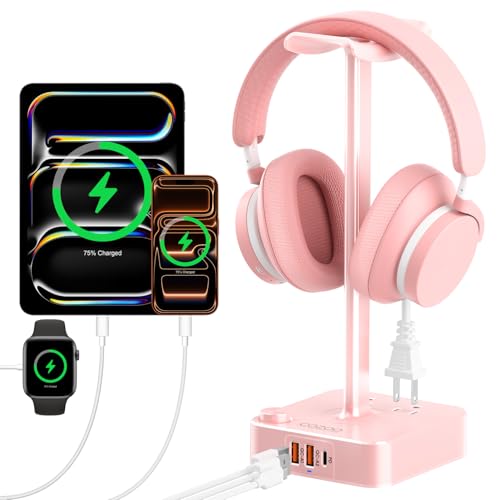 Pink Headphone Stand with USB Charger, Gaming Headset Holder with 3 USB Ports & 2 AC Outlets, PD Fast Charging & QC3.0, Desk Organizer for Girls, Gifts for Her,Girlfriend,Teen, Pink Gaming Accessories - color: Pink