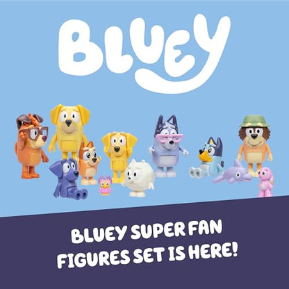 Bluey Super Fan Figurines Set, 12-Character Figure Pack | 9 fully articulated mini figures incl. Bluey, Bingo, Joff & Pom Pom; toddler figurine toys ages 3+ - style: Bluey Super Set