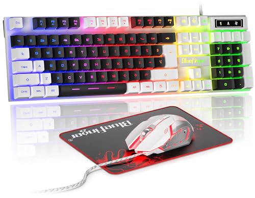 BlueFinger RGB Gaming Keyboard and Backlit Mouse Combo, USB Wired, LED Gaming Set for Laptop PC Computer Game and Work (White & Black) - color: White & Black