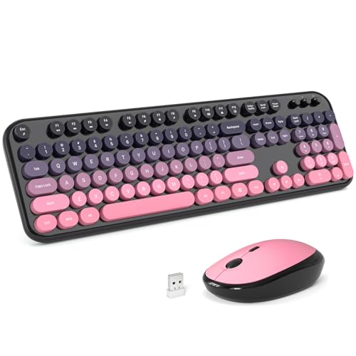 Wireless Keyboard Mouse Combo - Lovely CherryPink-Gradient Rainbow Full-Sized Typewriter Colorful Keyboards, Round Keycap Plug Play Retro Cute Keyboards for Windows, Laptop, PC, Desktop, Computer - color: Lovely CherryPink-Gradient