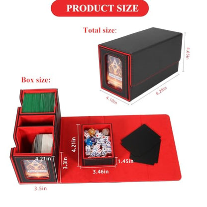 Card Deck Box for Trading Cards with Dice Storage, Double window separation Box Holds 200+ Single Sleeved Cards, PU Leather Magnetic Closure Storage Case for Magic Commander TCG CCG (Black&Red)